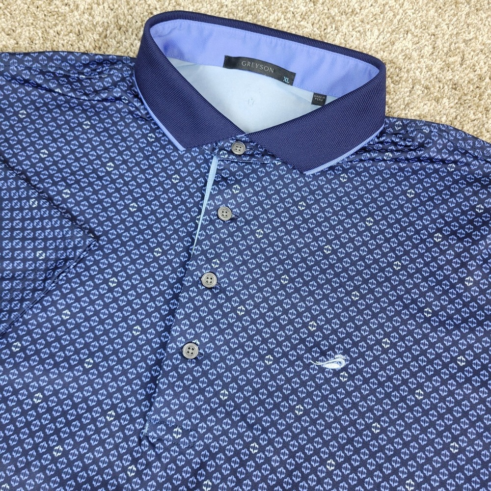 Greyson Mens XL Navy AOP Geometric Performance Stretch Golf Polo Short Sleeve